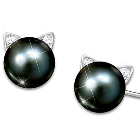 TT-Faux Black Pearls Rhinestone Cat Earring and Necklace Set - Picture 3 of 5